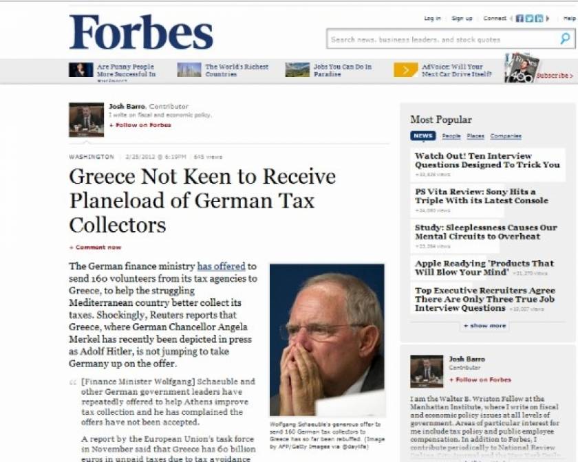 Forbes: Αντιδράσεις στην Ελλάδα για τους γερμανούς εφοριακούς