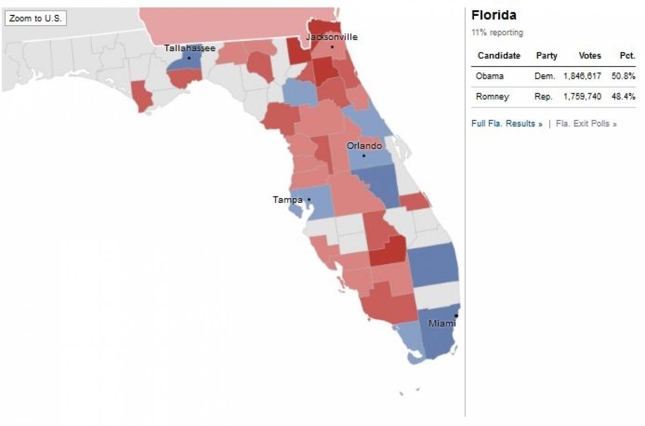 Εκλογές ΗΠΑ: Νίκη και στη Φλόριντα για τον Ομπάμα