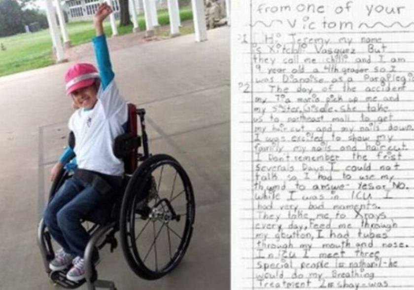 Εννιάχρονη έγραψε επιστολή στον άνθρωπο που την άφησε ανάπηρη