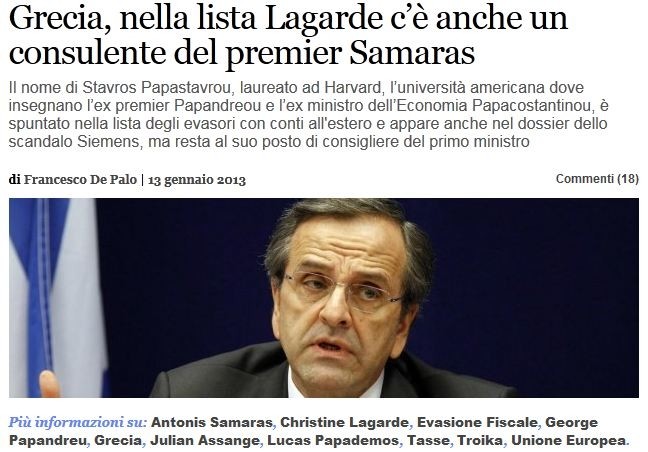 Ιταλική εφημερίδα μιλά για εμπλοκή πολιτικών στη λίστα Λαγκάρντ