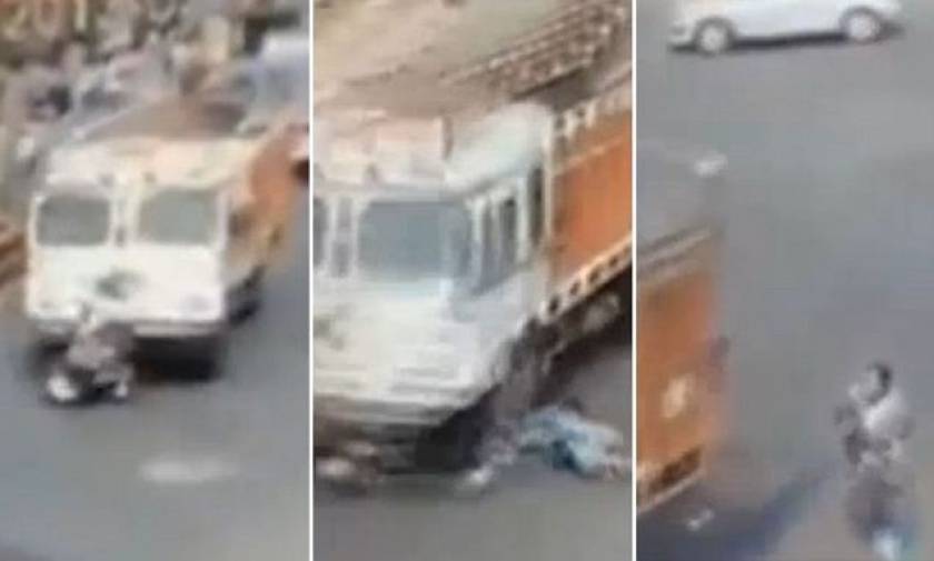 Απίστευτο βίντεο: Φορτηγό πέρασε από πάνω της - Δείτε τι συνέβη μετά!