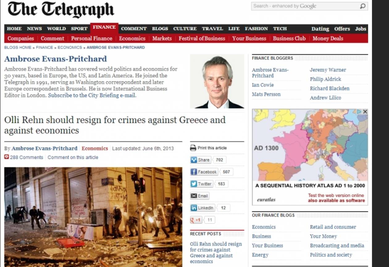 Telegraph: Να παραιτηθεί ο Ρεν για τα εγκλήματα στην Ελλάδα