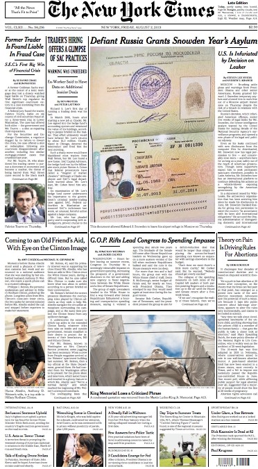 Πρωτοσέλιδο στους New York Times η ρωσική βίζα του Σνόουντεν (pic)
