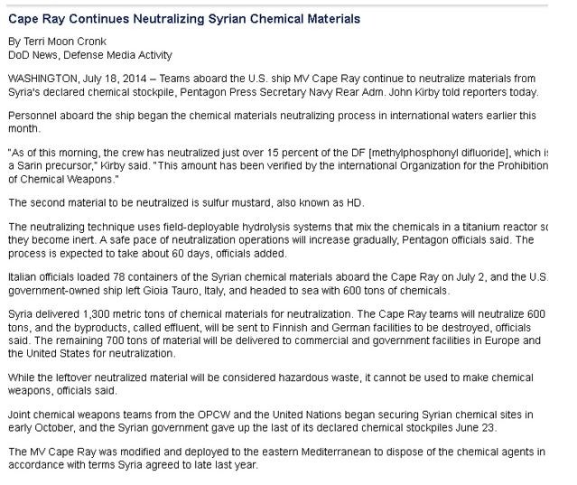 Ανακοίνωση από το Πεντάγωνο για την καταστροφή των χημικών της Συρίας
