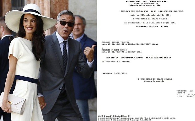 George Clooney- Amal Alamuddin: Αυτό είναι το πιστοποιητικό του γάμου τους (pic)