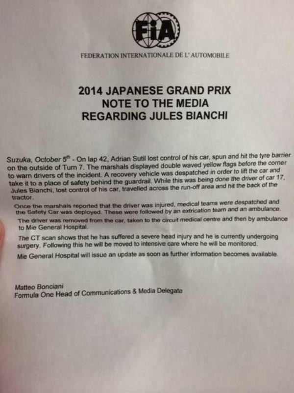 F1 Grand Prix Ιαπωνίας: Νεώτερα για τον τραυματισμό του Bianchi