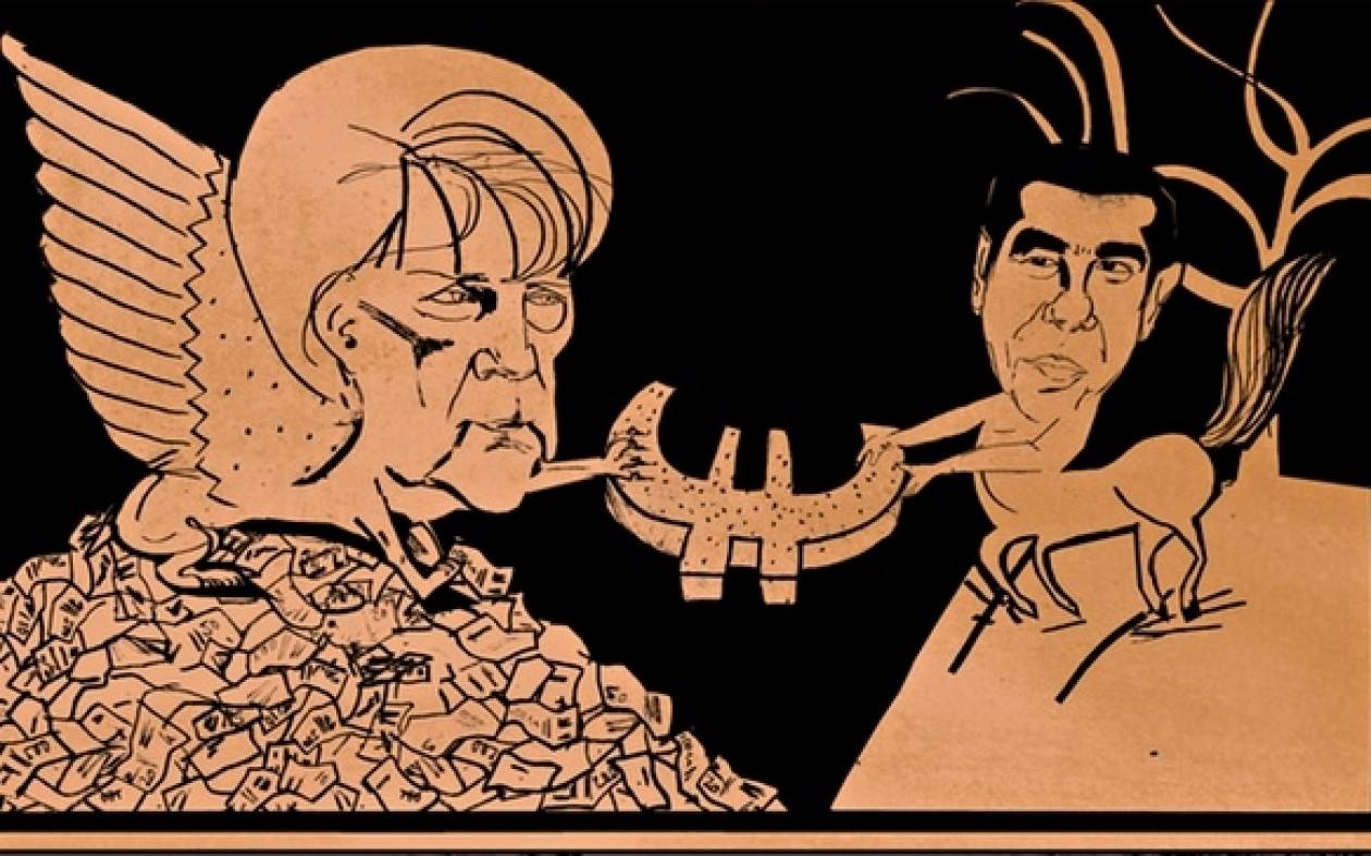 Η Σφίγγα Μέρκελ παλεύει με τον Κένταυρο Τσίπρα σε σκίτσο της Guardian