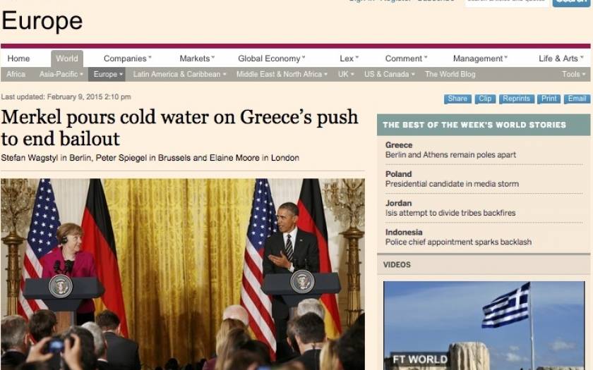 Financial Times: «Ψυχρολουσία από τη Μέρκελ στην Ελλάδα»
