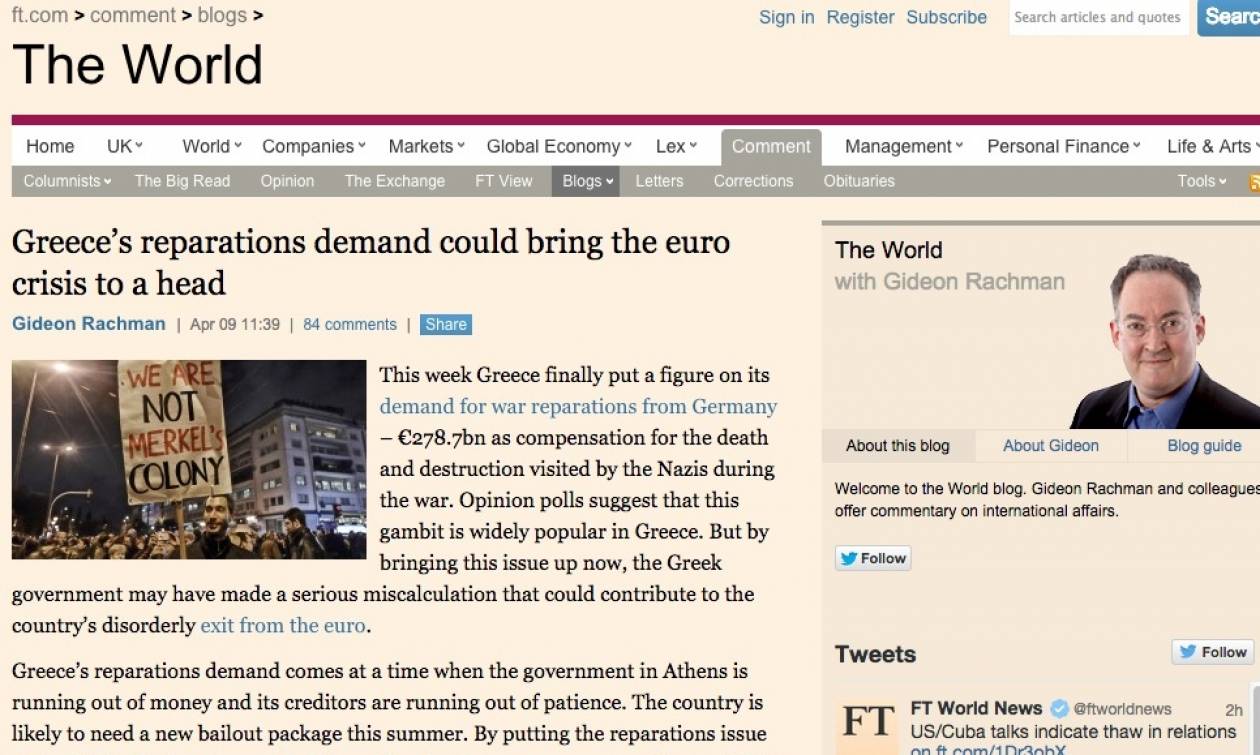 Financial Times: Οι γερμανικές αποζημιώσεις ίσως κρίνουν το Grexit