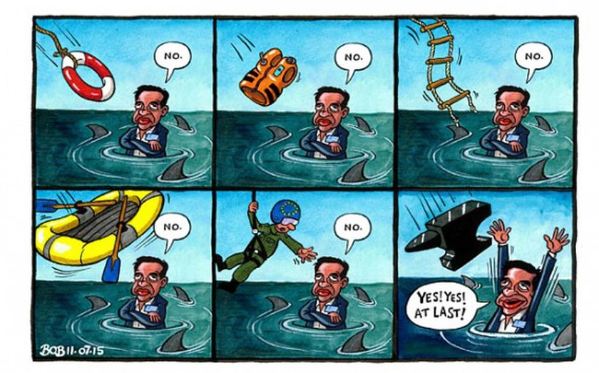 Συμφωνία – Ειρωνικό σκίτσο της Telegraph: Ο Τσίπρας πνίγεται... αλλά αρνείται τη διάσωση (photo) 