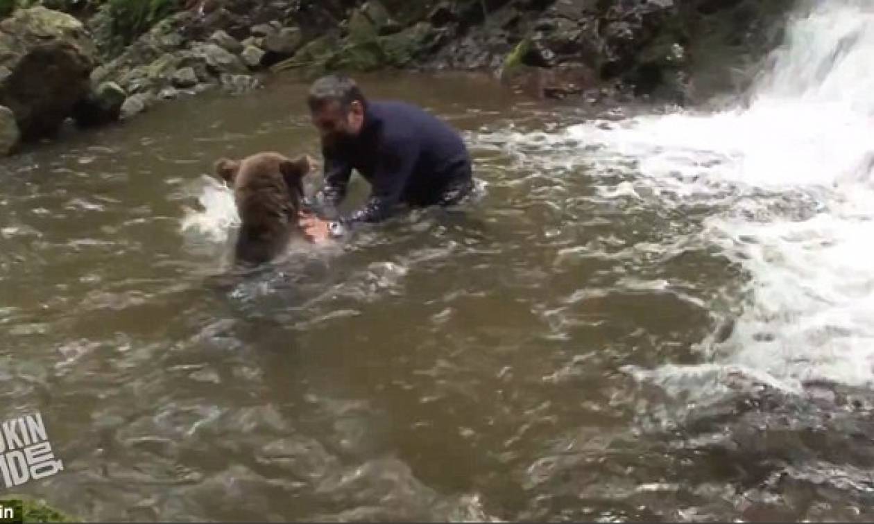 Μια αρκούδα και ένας εξερευνητής συναντιούνται στο ποτάμι και... (video)