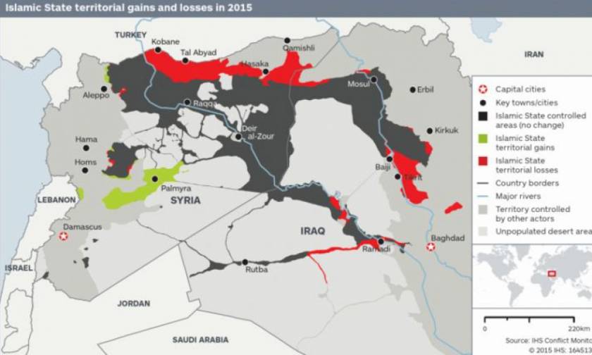 Δείτε πόσο έδαφος έχασε και πόσο κέρδισε το Ισλαμικό Κράτος το 2015 (photo)