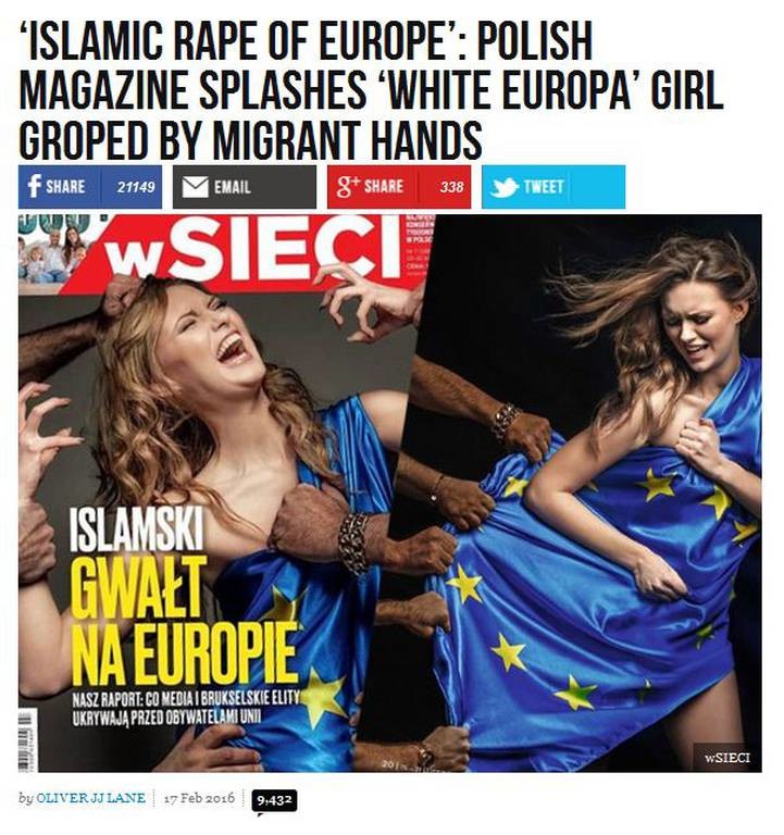 Σάλος με πολωνικό εξώφυλλο: Πρόσφυγες «βιάζουν» τη «λευκή» Ευρώπη! (photo)