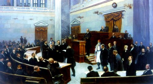 Oil painting of the Greek Parliament at the end of the 19th century by N. Orlof
