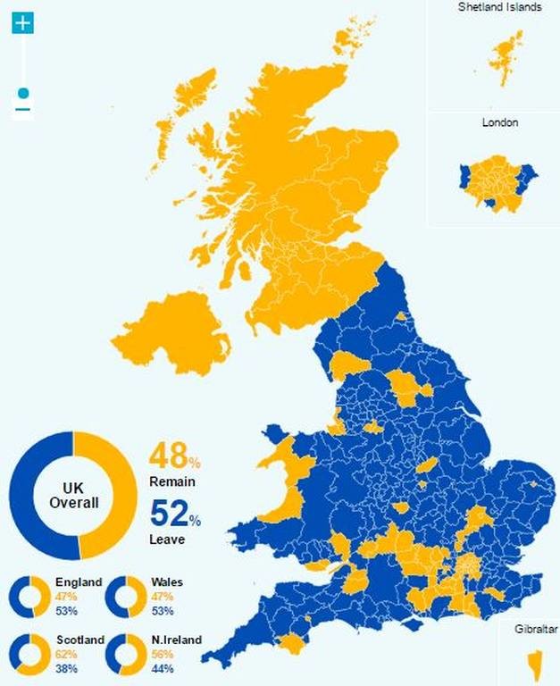 Brexit Αποτελέσματα: Δείτε αναλυτικά πως ψήφισε η Βρετανία (χάρτης)