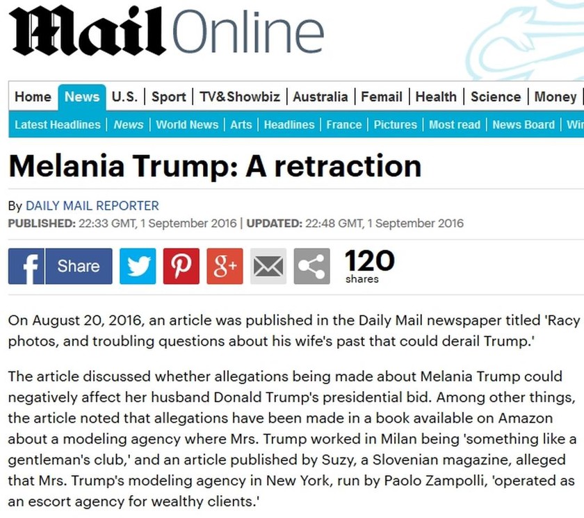 Βρετανία: Η Daily Mail «ανακαλεί» το γεμάτο υπονοούμενα δημοσίευμα για τη σύζυγο του Ντόναλντ Τραμπ 
