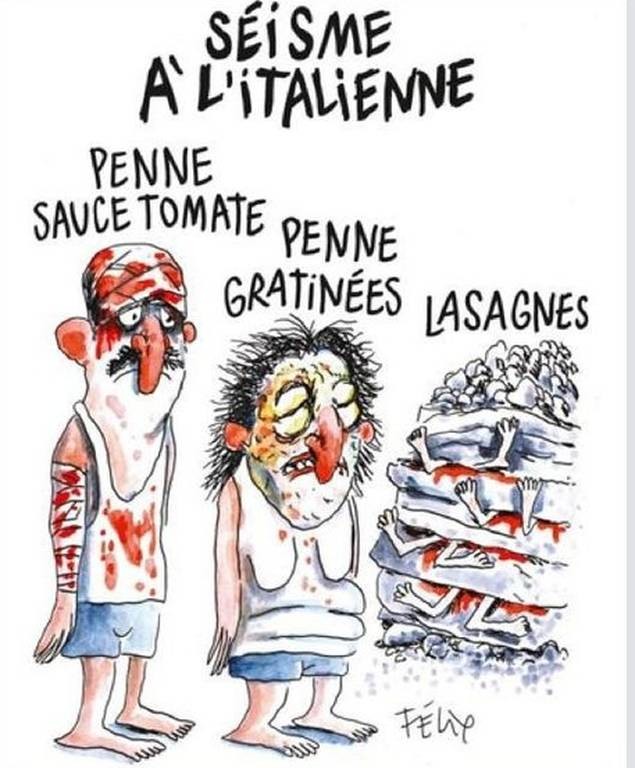 Οργή για σκίτσο του «Charlie Hebdo» που παρομοιάζει τα θύματα του Αματρίτσε με μακαρονάδες (photo)