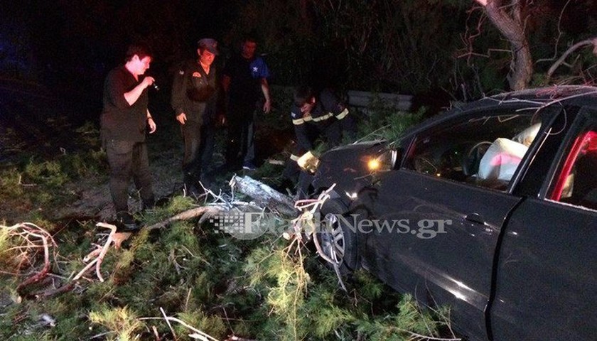 Χανιά: Σώθηκαν από θαύμα! Δέντρο καταπλάκωσε αυτοκίνητο στην εθνική οδό (pics)