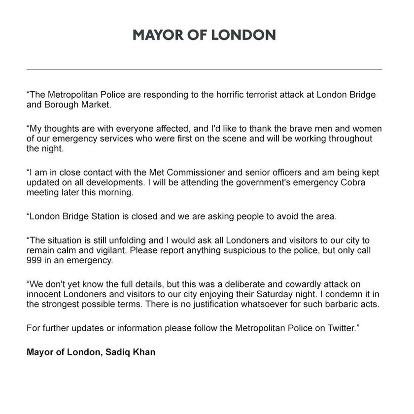 Δήμαρχος Λονδίνου: Εσκεμμένη και θρασύδειλη επίθεση εναντίον αθώων Λονδρέζων και τουριστών