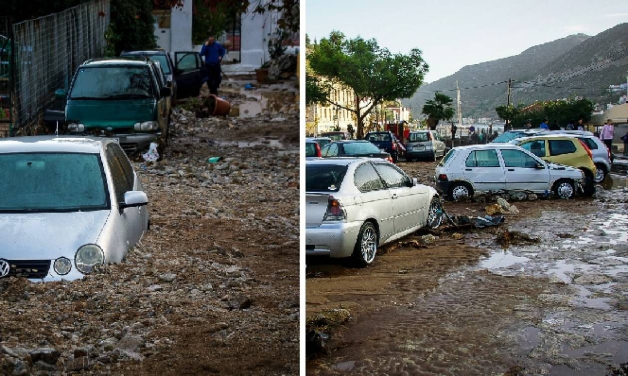 Κακοκαιρία: «Βομβαρδισμένο» τοπίο η Σύμη μετά την επέλαση της Ευρυδίκης