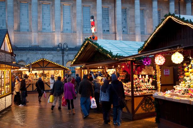 Christmas Market stalls and Town Hall City Centre Birmingham