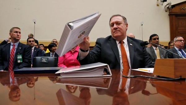 U S Secretary of State Mike Pompeo prepares to testify at a hearing of the U S House Foreign Affairs Committee on Capitol Hill in Washington