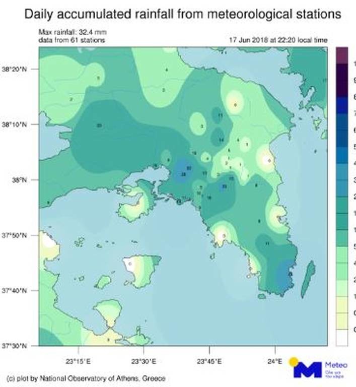 Κατανομή της βροχής από το σύνολο των σταθμών του ΕΑΑ/meteo.gr που λειτουργούν στην Αττική