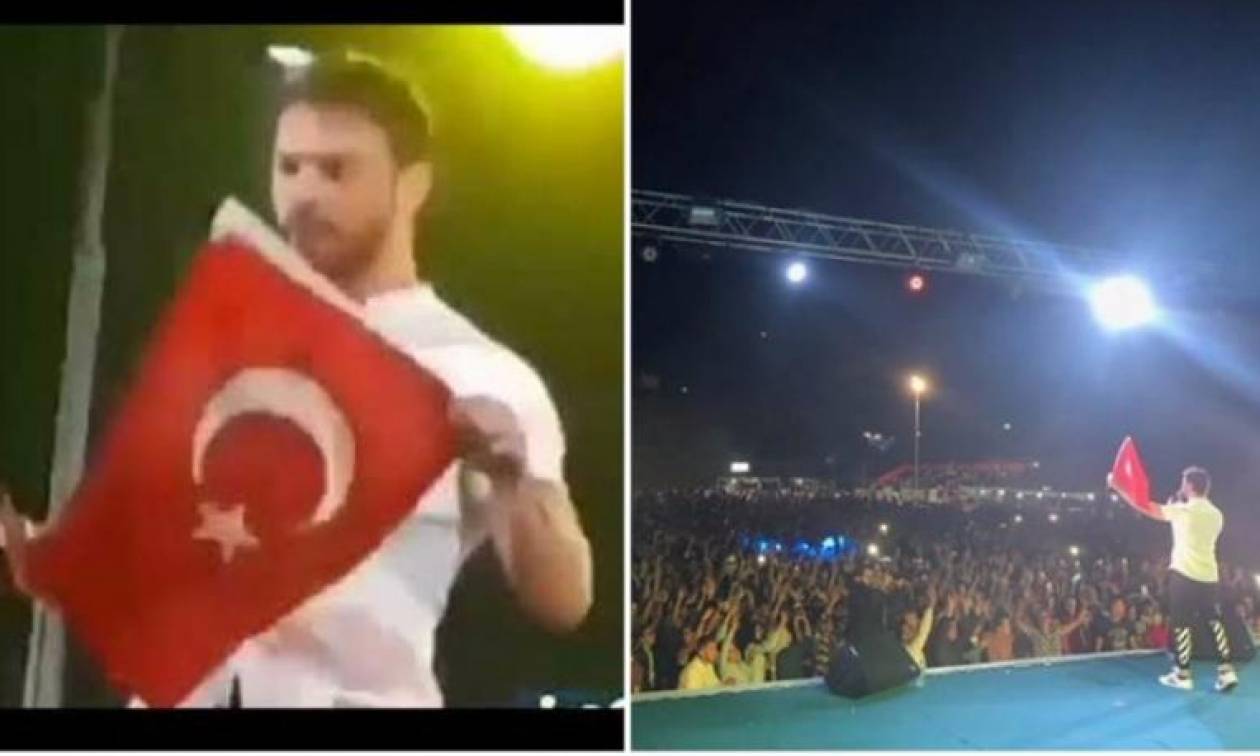 Υπέρτατη τουρκική πρόκληση: Τραγουδιστής απλώνει ανενόχλητος την τουρκική σημαία στην Ξάνθη