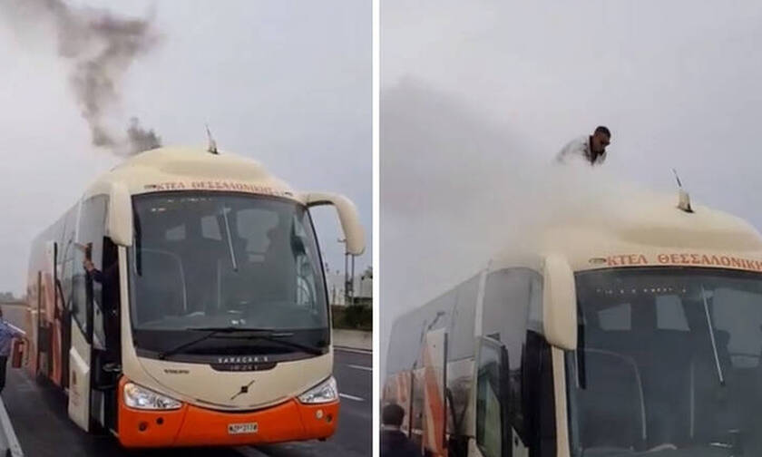Κατερίνη: Λεωφορείο του ΚΤΕΛ Θεσσαλονίκης έπιασε φωτιά εν κινήσει (pics)