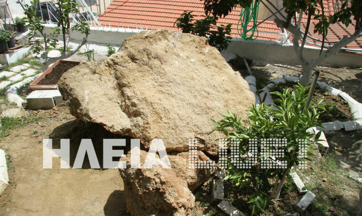 Zημιές από τους σεισμούς στην Ηλεία: Βράχος έπεσε σε αυλή σπιτιού (pics)