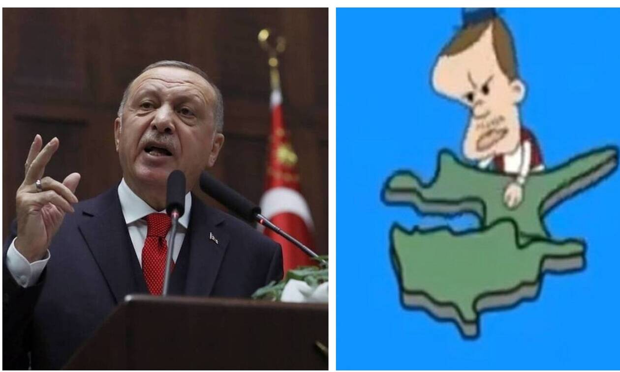 Γελοία προπαγάνδα των Τούρκων: Ο Ερντογάν ως καρτούν ξεριζώνει κομμάτι της Κύπρου