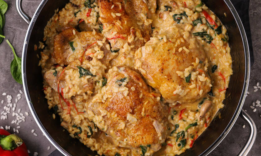 Λαχταριστή συνταγή: Κοτόπουλο με ρύζι και σπανάκι