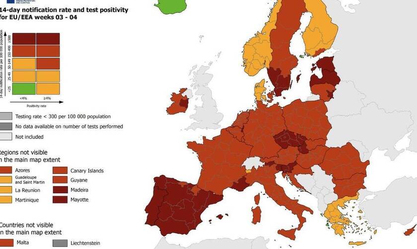 Χάρτης ECDC: Παραμένει «πορτοκαλί» η Ελλάδα - Ποιες περιοχές είναι «πράσινες»