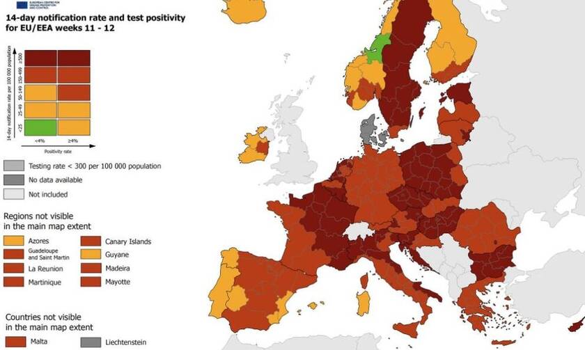 Κορονοϊός - Τι αποκαλύπτει ο χάρτης ECDC: Στο «κόκκινο» η Ελλάδα - Υψηλός ο δείκτης θετικότητας