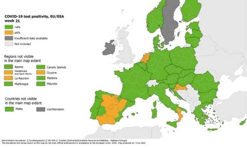 Κορονοϊός: Κάτω από το 4% ο δείκτης θετικότητας - Τι αποκαλύπτει ο χάρτης ECDC