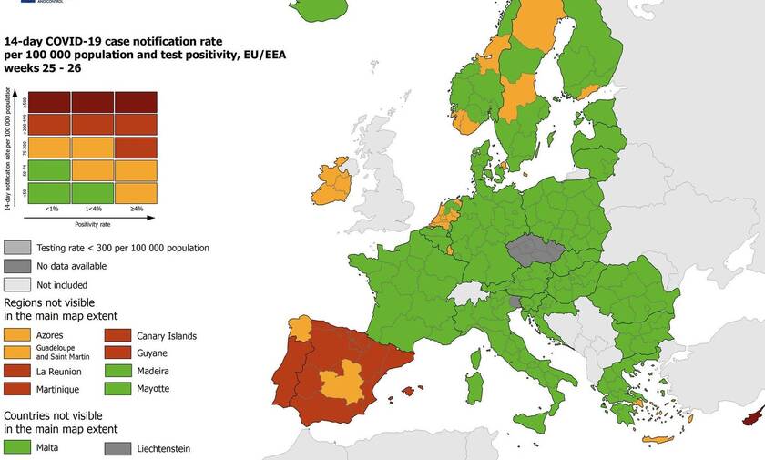 Κορονοϊός - Χάρτης ECDC: «Κιτρίνισε» η Κρήτη - Ο δείκτης Θετικότητας σε όλη την Ελλάδα