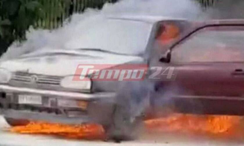 Πάτρα: Περίμενε στο φανάρι και άρπαξε φωτιά το αμάξι της (video)
