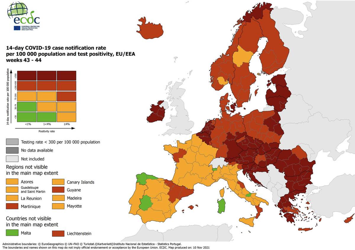 Ο σχετικός χάρτης που δημοσιεύεται από το ECDC απεικονίζει την Ελλάδα όπως και άλλες εννέα αχώρες σε βαθύ «κόκκινο»