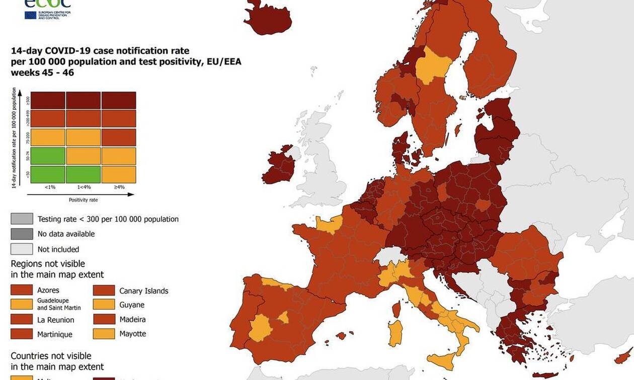 Κορονοϊός - ECDC: Σε «βαθύ κόκκινο» σχεδόν όλη η Ελλάδα στον χάρτη– Συναγερμός στην Ευρώπη