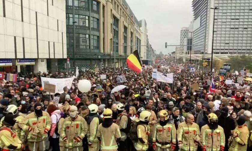 Βρυξέλλες διαδηλωτές κατά μέτρων κορονοϊού