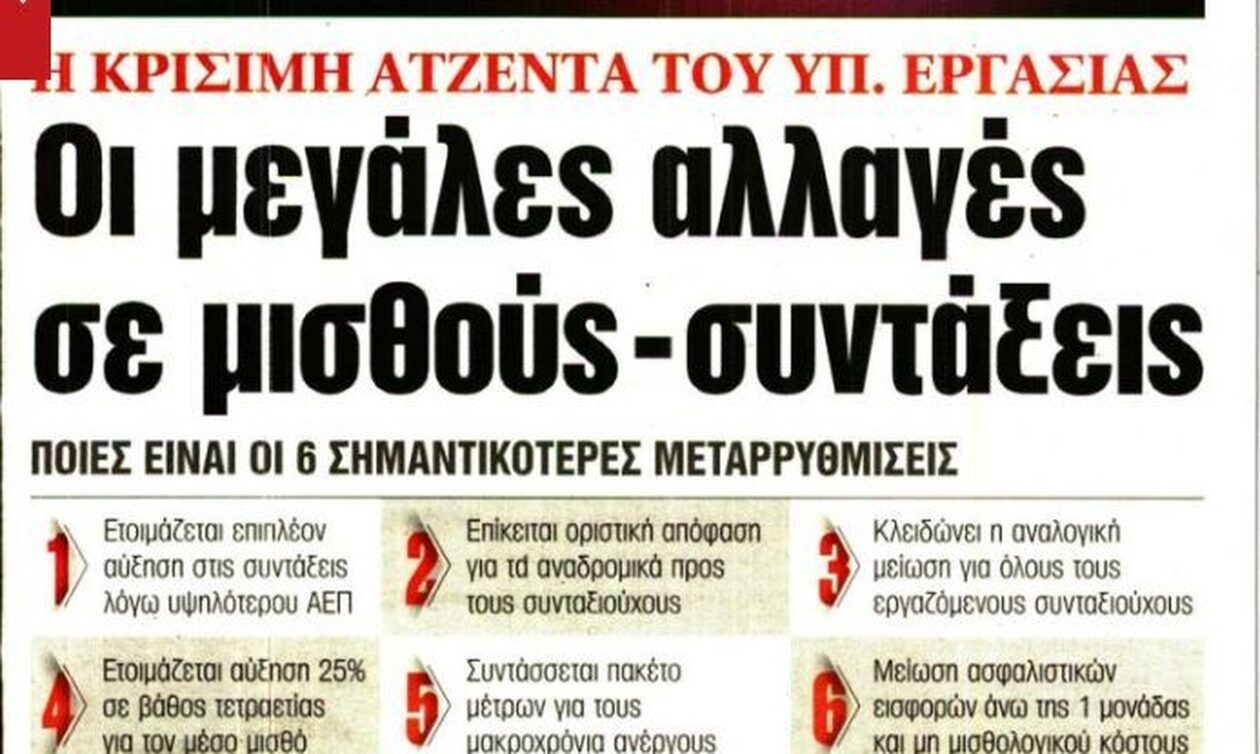 Πρωτοσέλιδα εφημερίδων: Αυξήσεις σε μισθούς και συντάξεις, «πόλεμος» στον ΣΥΡΙΖΑ