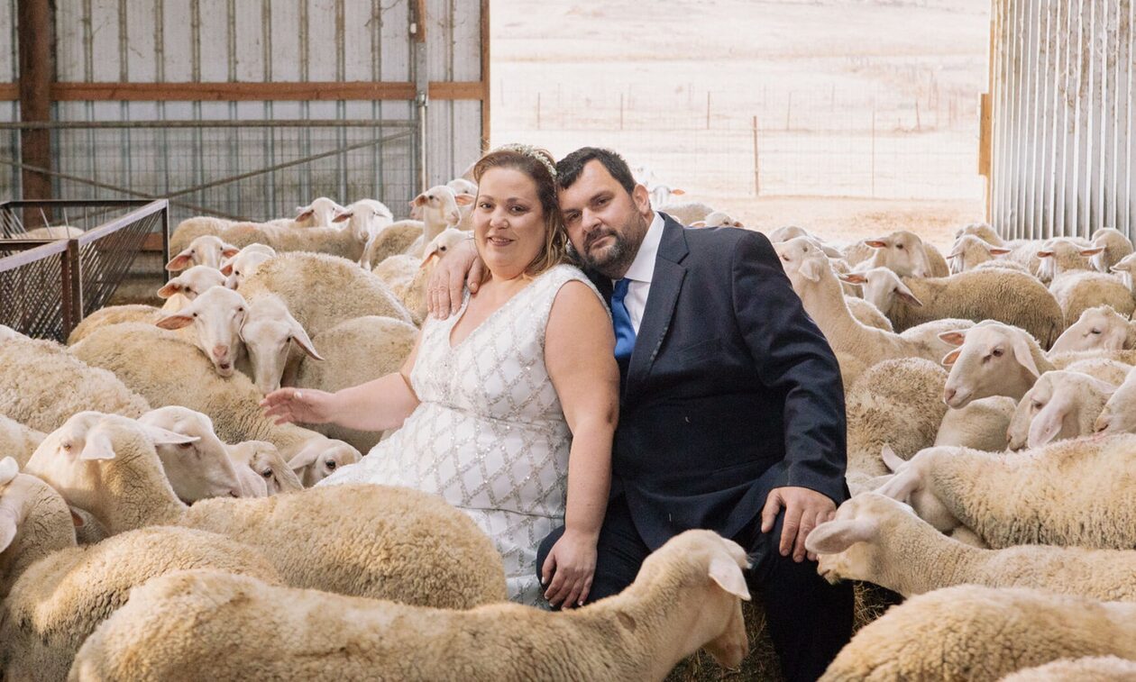 Λαρισαία φωτογραφήθηκε στον γάμο της μαζί με τον σύζυγο και τα… κορίτσια του, τις προβατίνες του!