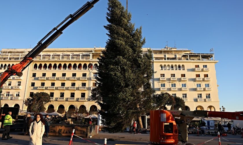 Θεσσαλονίκη: Χριστουγεννιάτικο δέντρο στην πλατεία Αριστοτέλους – Εικόνα από τις προετοιμασίες