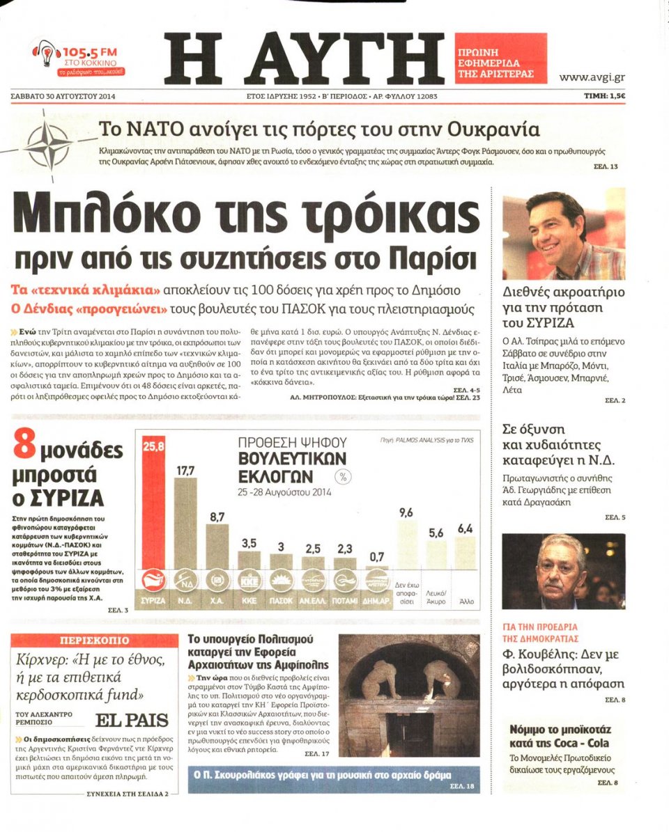 Πρωτοσέλιδο Εφημερίδας - ΑΥΓΗ - 2014-08-30
