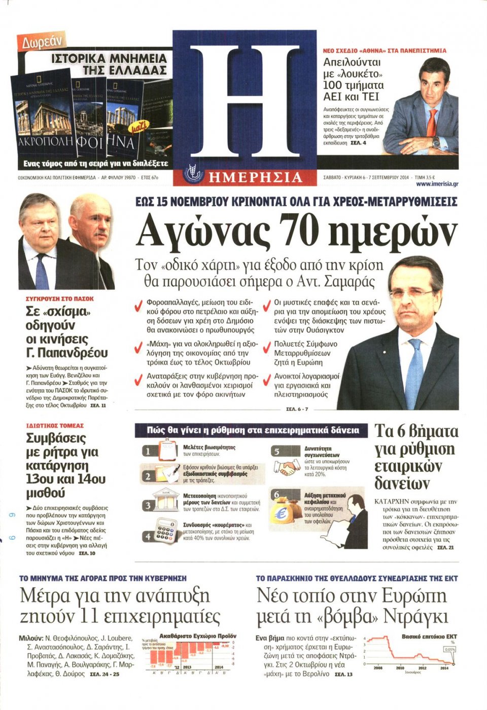 Πρωτοσέλιδο Εφημερίδας - Ημερησία - 2014-09-06