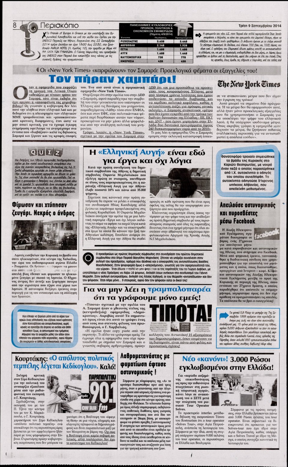 Οπισθόφυλλο Εφημερίδας - Η Ακρόπολη - 2014-09-09