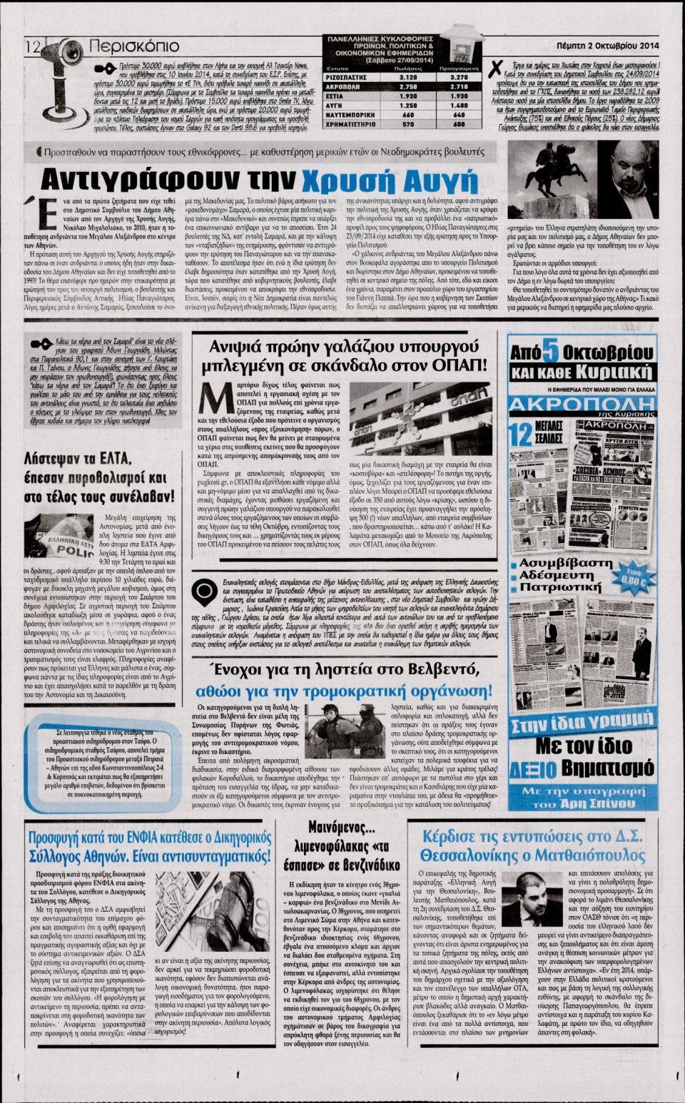 Οπισθόφυλλο Εφημερίδας - Η ΑΚΡΟΠΟΛΗ - 2014-10-02