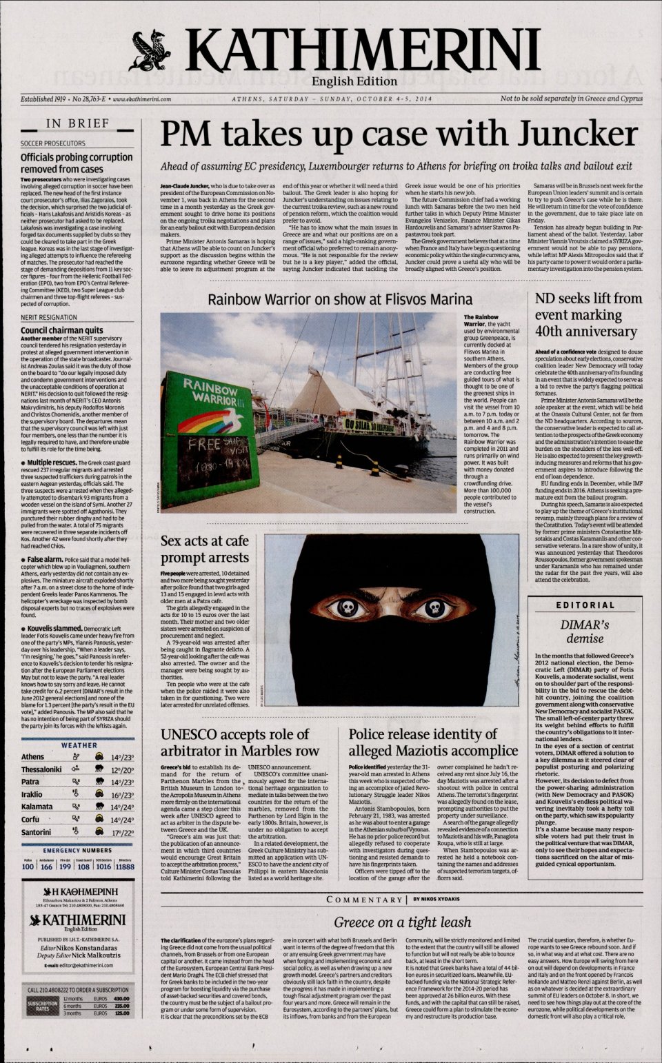 Πρωτοσέλιδο Εφημερίδας - INTERNATIONAL NEW YORK TIMES_KATHIMERINI - 2014-10-04