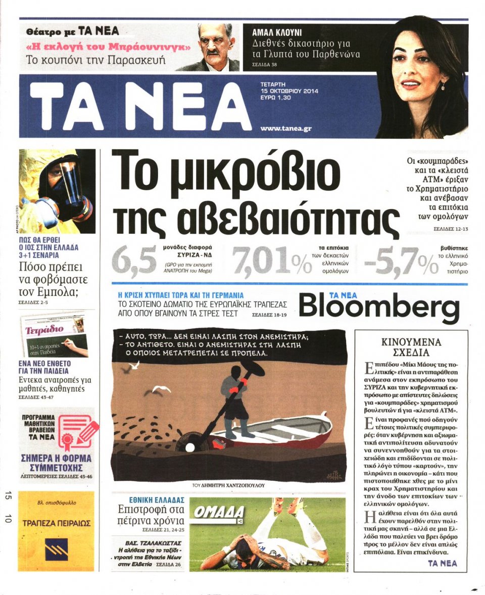Πρωτοσέλιδο Εφημερίδας - ΤΑ ΝΕΑ - 2014-10-15