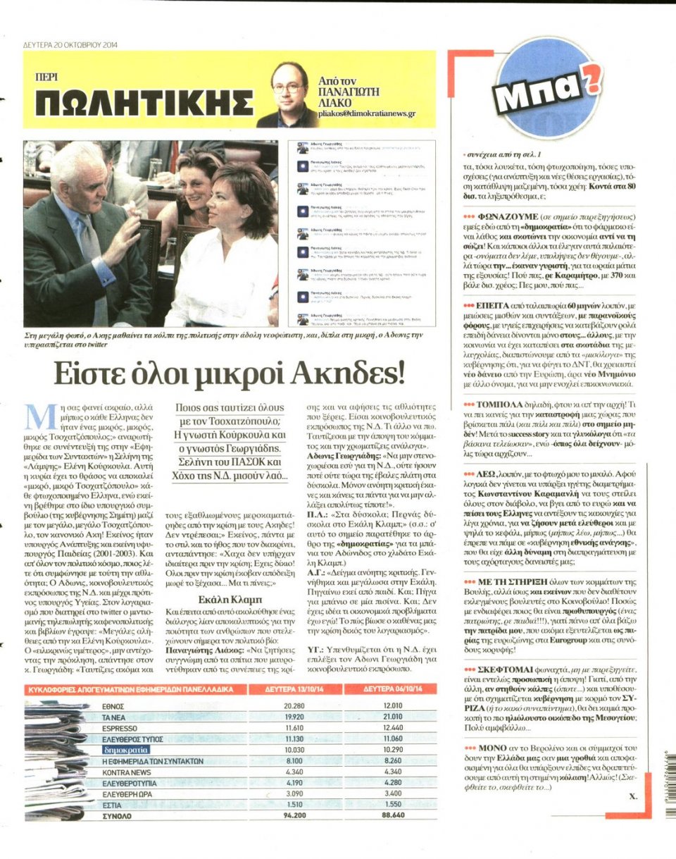 Οπισθόφυλλο Εφημερίδας - ΔΗΜΟΚΡΑΤΙΑ - 2014-10-20